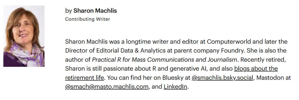 Image of my tagline saying I was a longtime writer and editor at Computerworld and am still passionate about R and generative AI, along with links to my social media and retirement blog